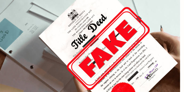 Close-up of an official Republic of Kenya Title Deed document, with a large, bright red stamp overlay reading "FAKE" diagonally across the front page to denote land fraud.