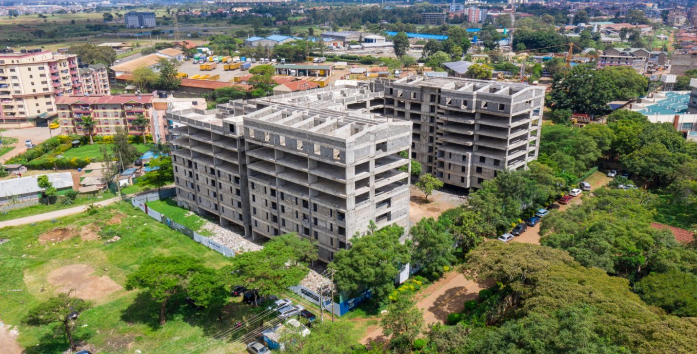 Aerial view of the 265 Elmer One Apartments project under construction by Centum RE in Kasarani, Nairobi, highlighting investment-grade multi-family affordable housing units.