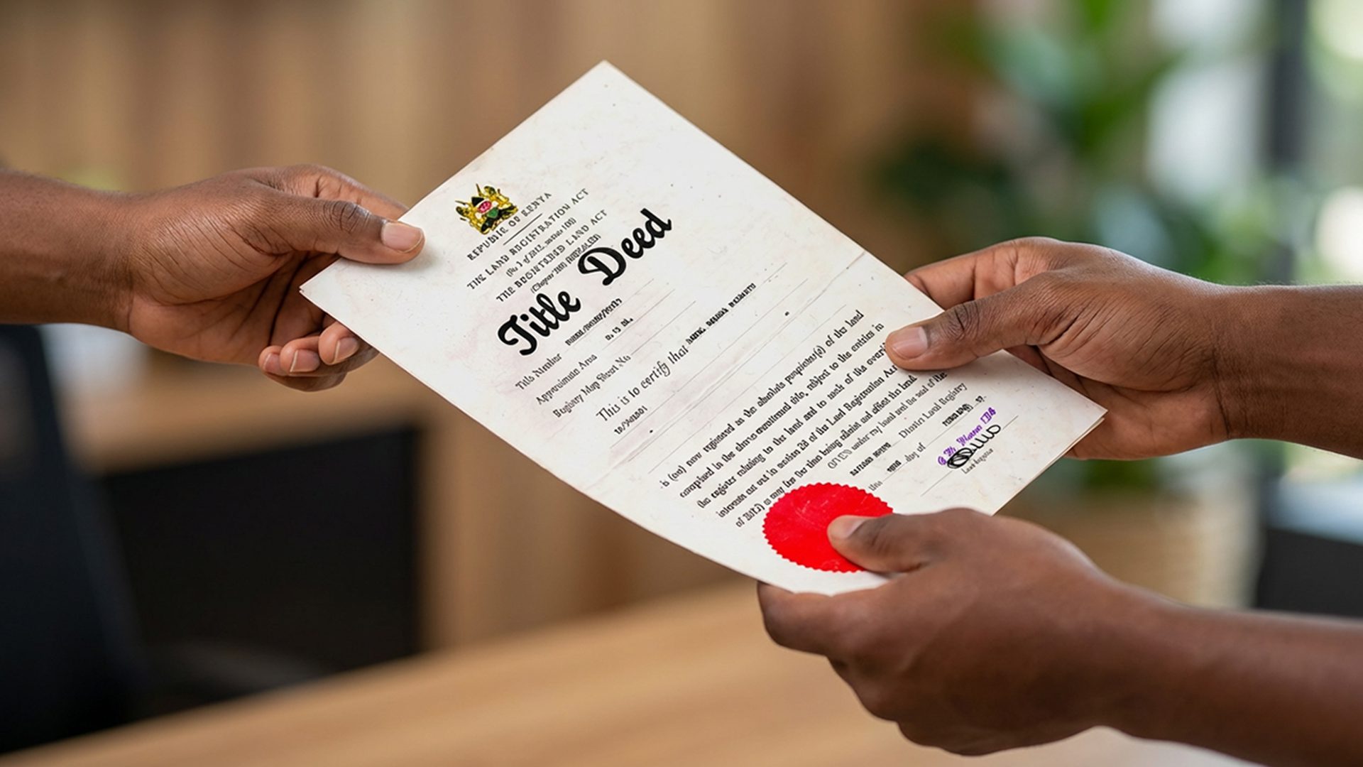 An official Republic of Kenya Title Deed document issued under the Registered Land Act, featuring a "GENUINE" stamp, the Kenyan coat of arms, a red seal, and the location Ngong Hills typed on the certificate.