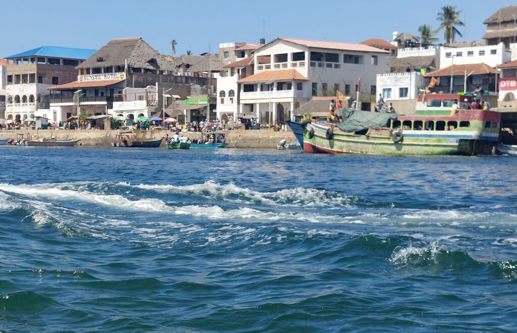 Waterfront view of commercial real estate and Swahili-style buildings along the Lamu Island seafront, showing historical properties, hotels, and boats docking on the Kenyan coast.