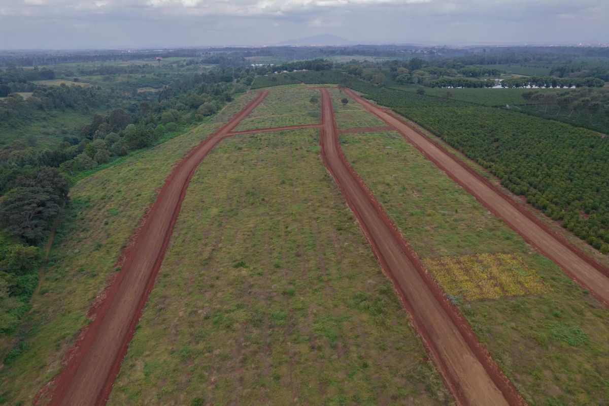 Aerial view of subdivided residential land plots with red dirt access roads at Zuri Springs in Juja, Kiambu County, highlighting premier real estate land banking in Kenya.