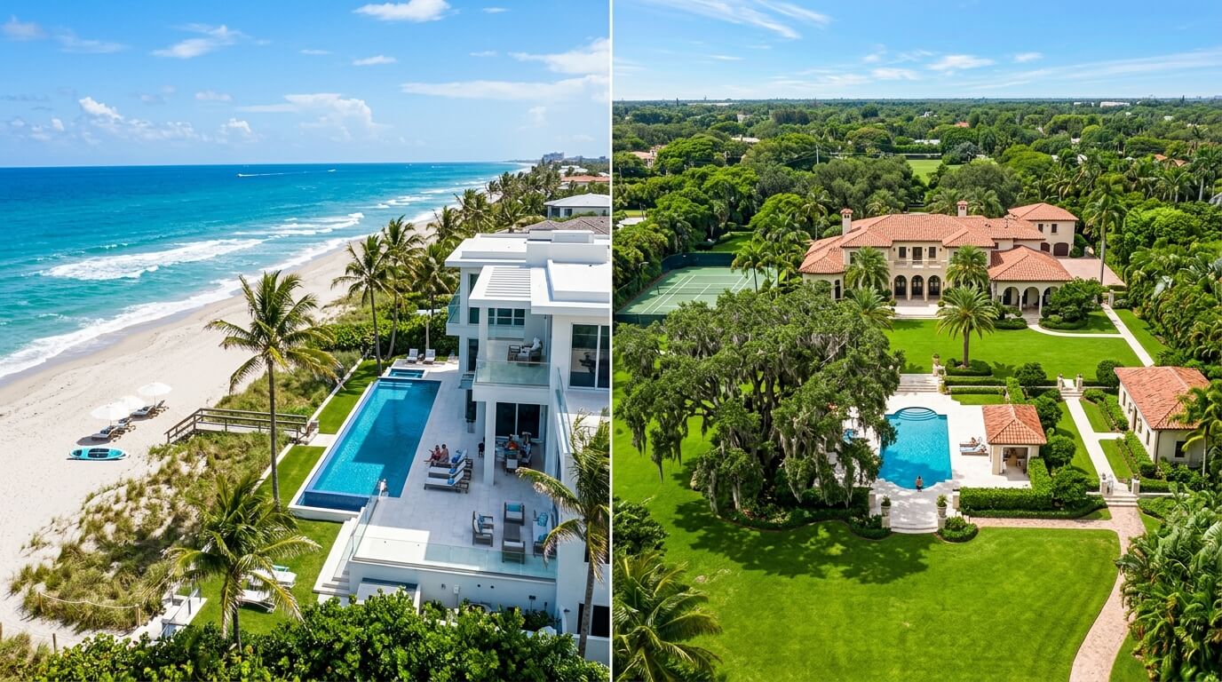 Split-screen of premium South Florida real estate: a contemporary oceanfront mansion in Manalapan on the left and a Mediterranean-style mega estate with a tennis court on the right.
