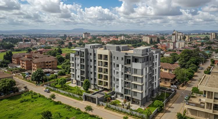 Aerial view of a contemporary mid-rise apartment complex in a dense urban neighborhood, showcasing high-yield multi-family residential property developments for investment acquisition.